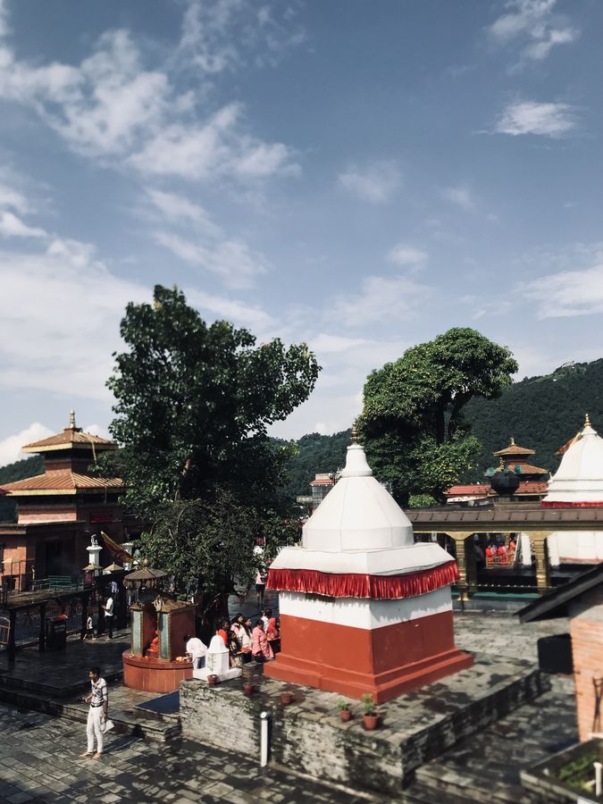 Pagoda-style shrine with red and white tiers surrounded by trees and visitors